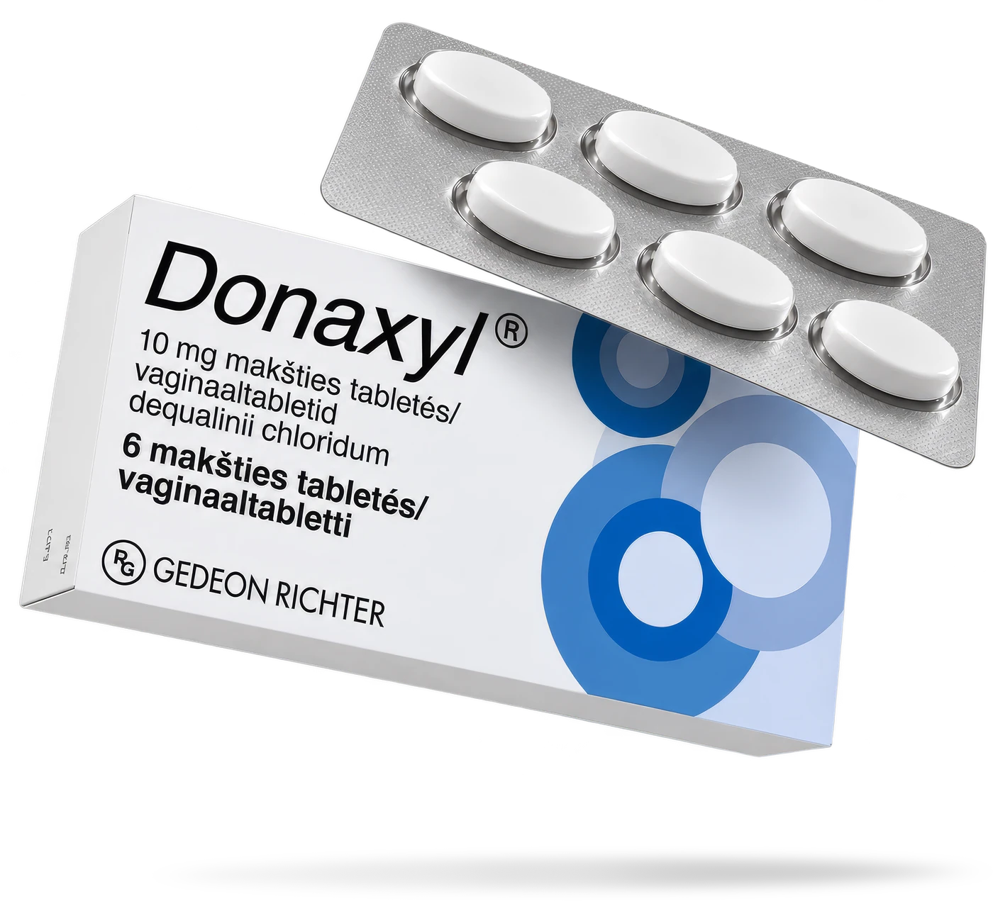 Donaxyl 10 mg makšties tablečių pakuotė ir lizdinė plokštelė su šešiomis tabletėmis